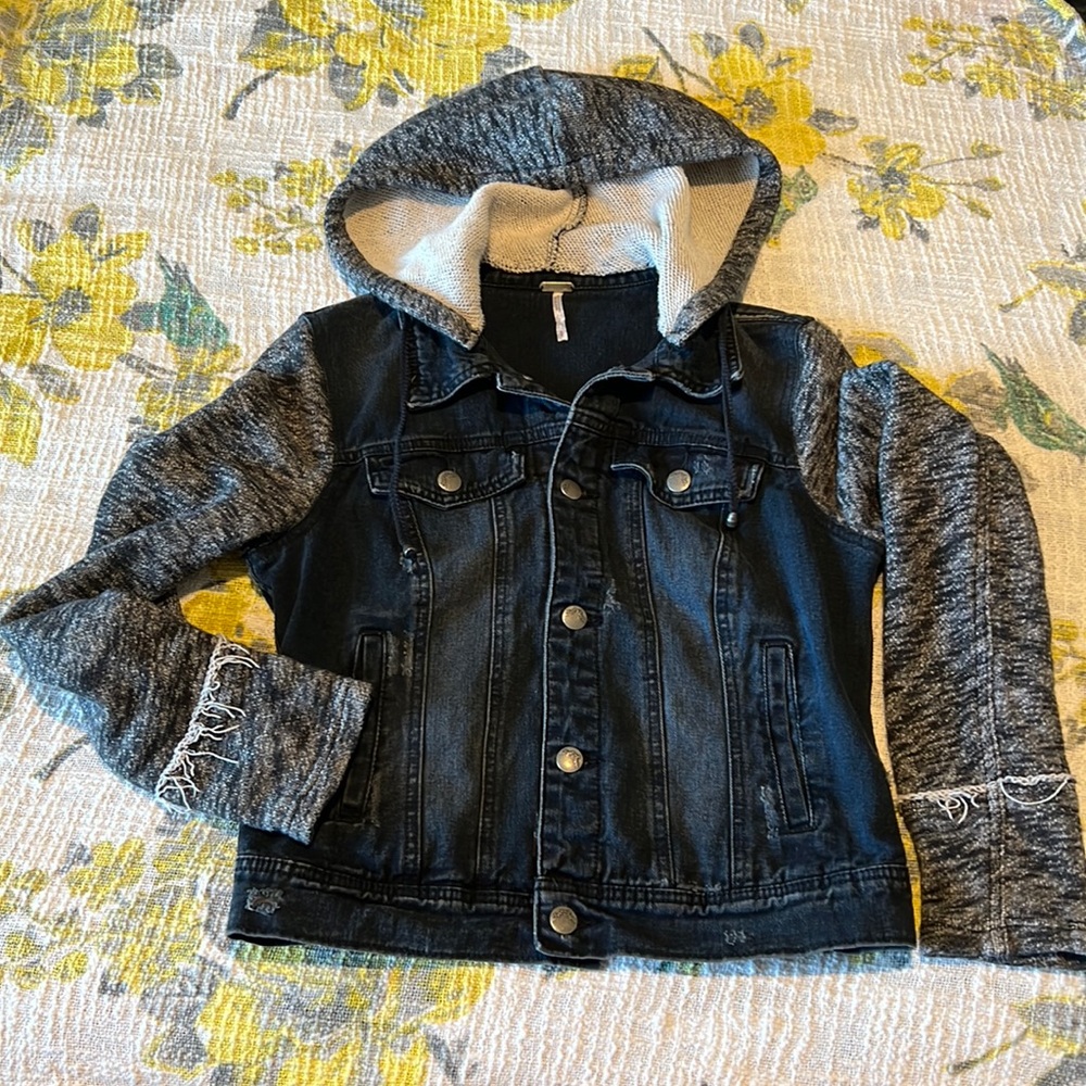 Free People Distressed Denim Jacket with Knit Sleeves and Detachable Hoodie